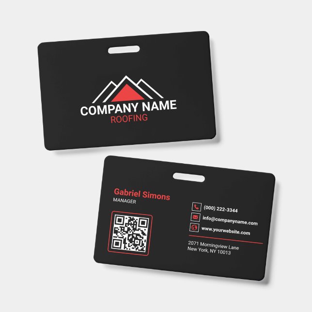 Modern Red Triangle Building Roofing QR Code ID Badge (Front & Back)