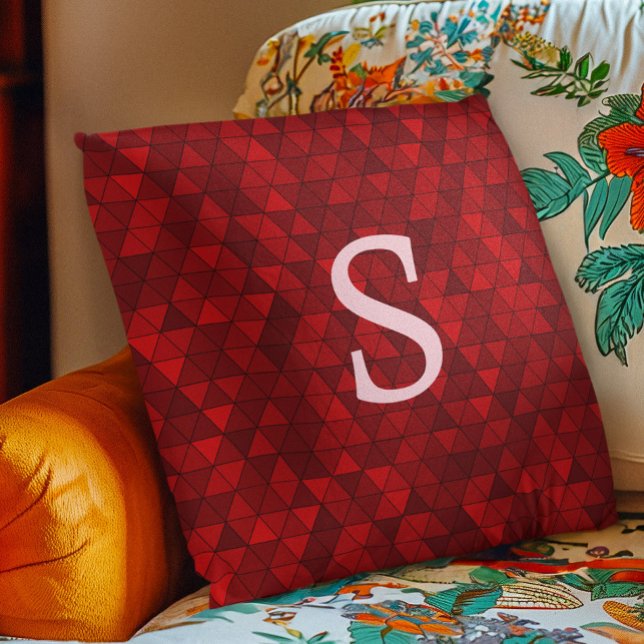 Modern Red Triangles Geometric Custom Monogram Cushion (Creator Uploaded)