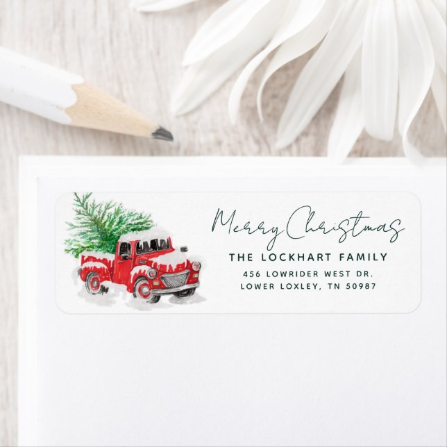 Modern Red Truck Christmas Party Return Address (Insitu)