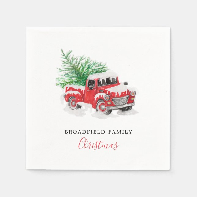 Modern Red Truck with Christmas Tree Family Name Napkin (Front)