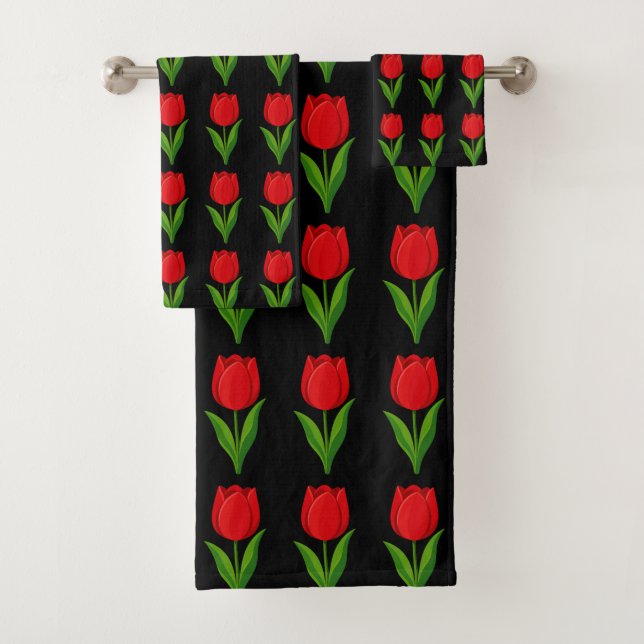 Modern Red Tulip Flower Pattern on Black Bath Towel Set (Insitu)