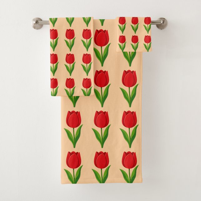 Modern Red Tulip Flower Pattern on Orange  Bath Towel Set (Insitu)