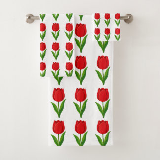 Modern Red Tulip Flower Pattern on White Bath Towel Set