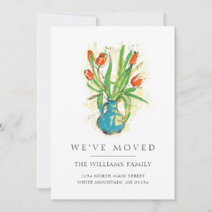 Modern Red Tulips Blue Vase Floral Moving Announcement