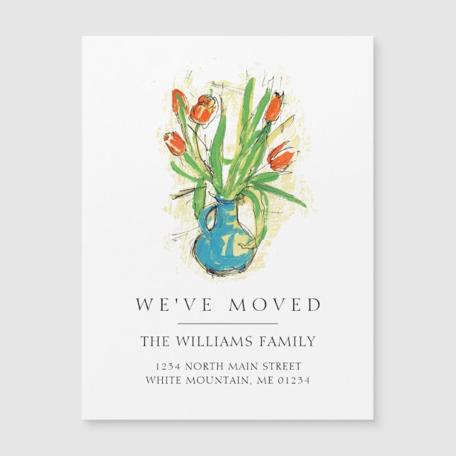 Modern Red Tulips Blue Vase Floral Moving Magnet (Front)