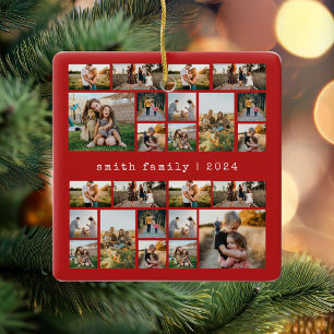 Modern Red Typewriter Family Photo Collage Ceramic Ornament