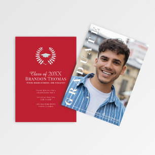 Modern Red Vertical Name Graduation Photo Card