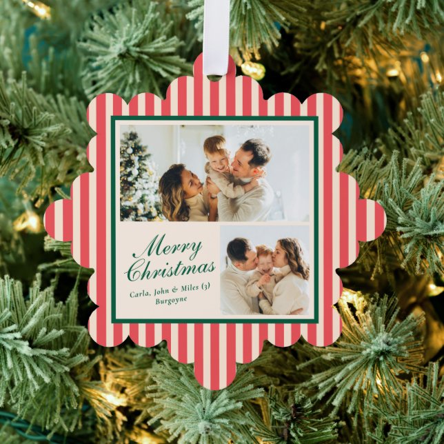 Modern Red Vertical Stripe 2 Photo Christmas Tree Decoration Card (Insitu (Tree))