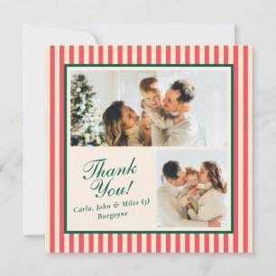 Modern Red Vertical Stripe 2 Photo Thank You Card