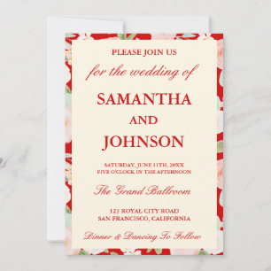 Modern Red Vintage Ivory Floral Photo Wedding Invitation