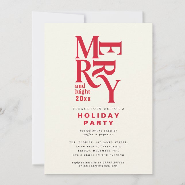 Modern red vintage merry + bright Christmas party (Front)