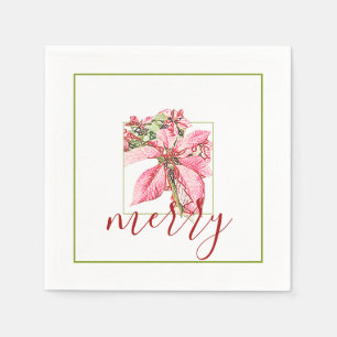 Modern Red Vintage Merry Poinsettia Holiday  Napkin