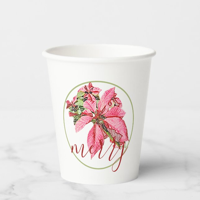 Modern Red Vintage Merry Poinsettia Holiday  Paper Cups (Front)