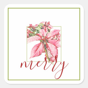 Modern Red Vintage Merry Poinsettia Holiday Square Sticker