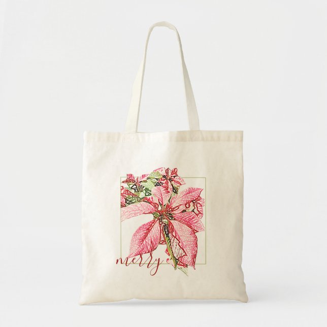 Modern Red Vintage Merry Poinsettia Holiday Tote Bag (Front)