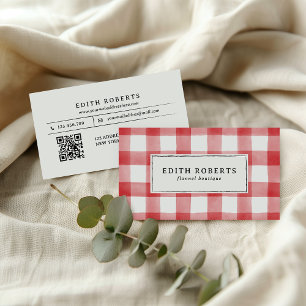 Modern Red Watercolor Buffalo Plaid QR CODE Business Card