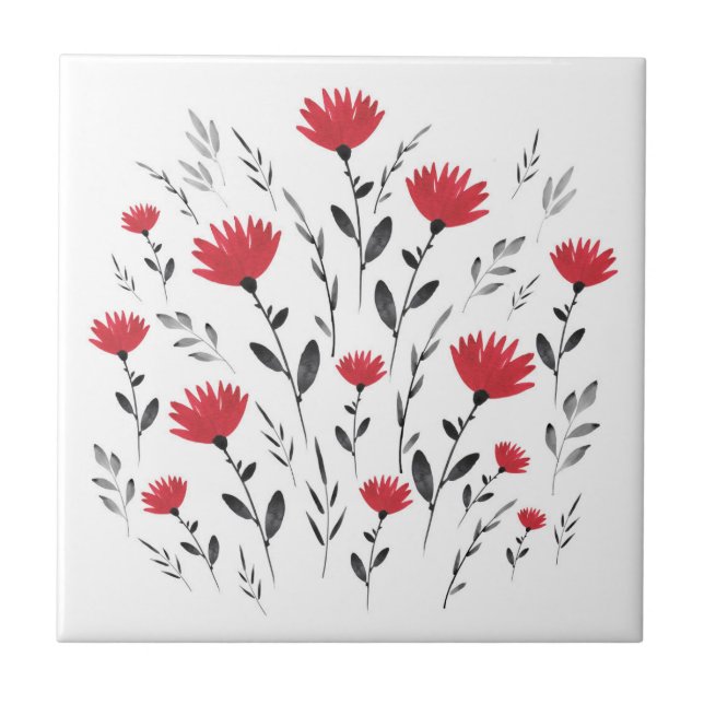 Modern Red Watercolor Floral Motif Tile (Front)