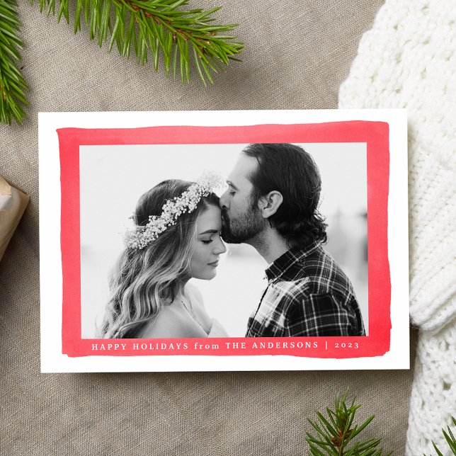 Modern Red Watercolor Frame Photo Holiday Card (Creator Uploaded)