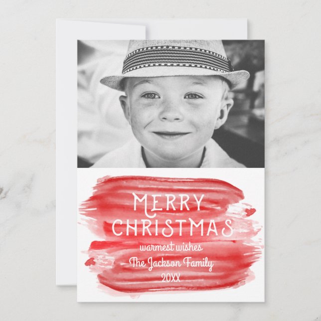 Modern Red Watercolor Merry Christmas Photo Holiday Card (Front)