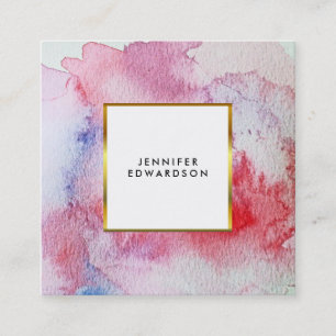 Modern red watercolor splatter splash gold frame square business card