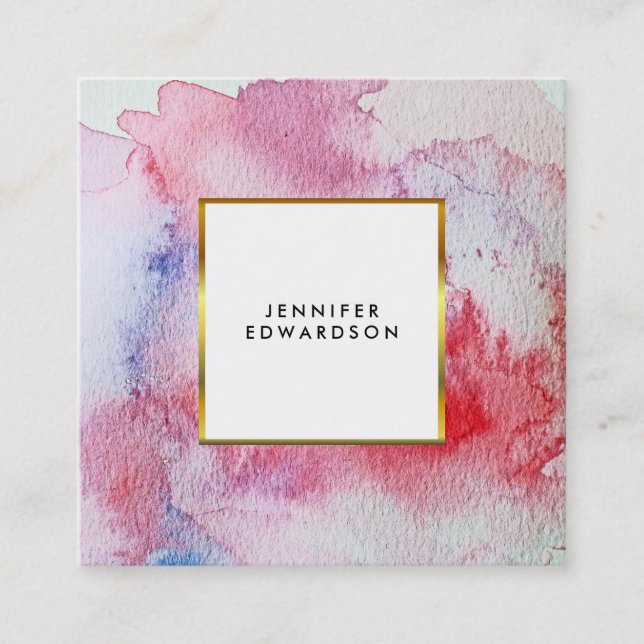 Modern red watercolor splatter splash gold frame square business card (Front)
