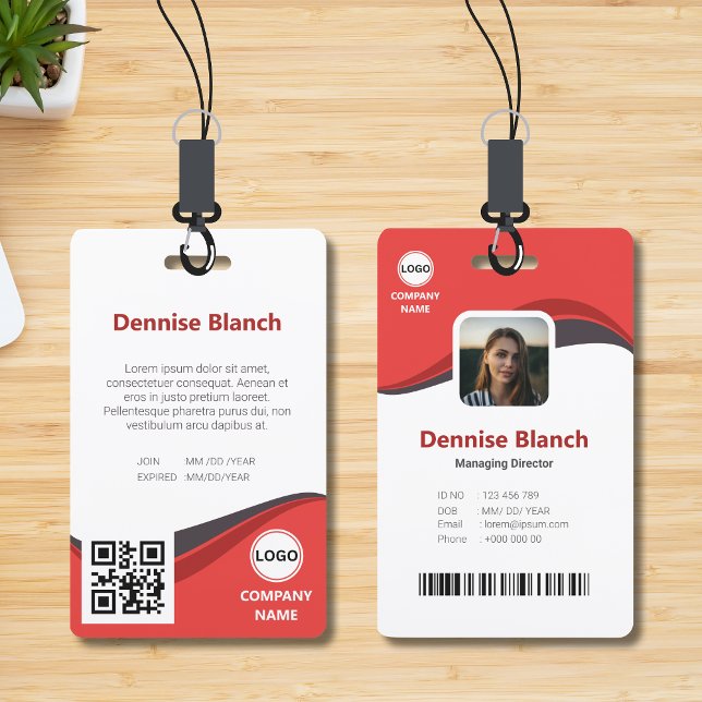 Modern Red waves, bar code, qr code, photo ID card ID Badge (Creator Uploaded)