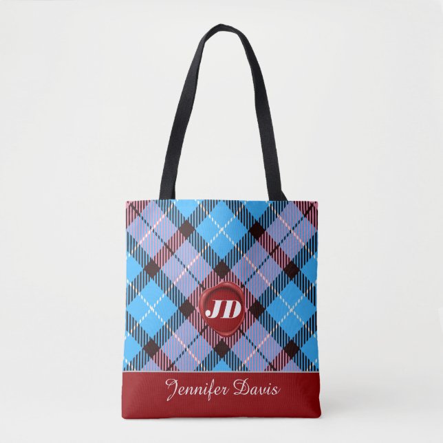 Modern Red Wax Monogram Script Name Plaid Tartan Tote Bag (Front)