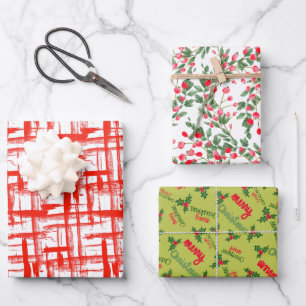 Modern Red Weave Merry Christmas Berries Wrapping Paper Sheet