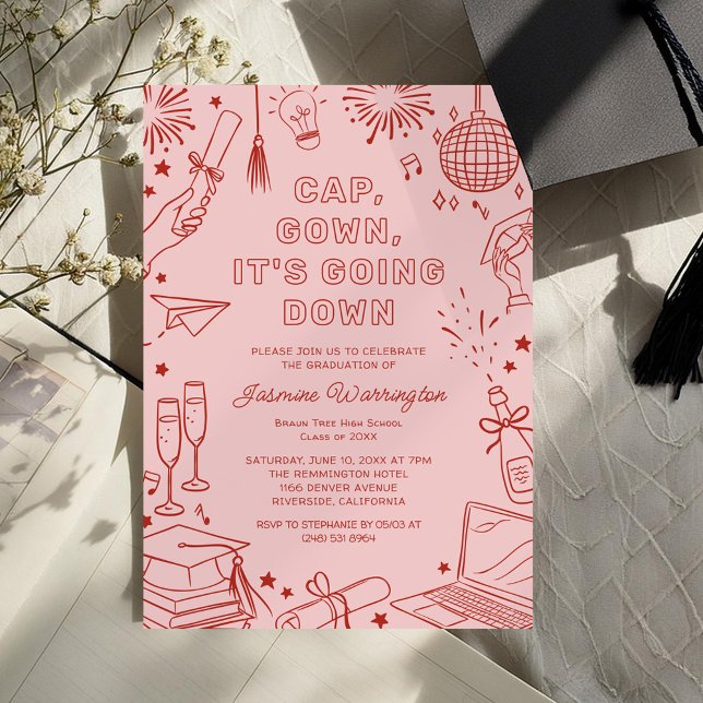 Modern Red Whimsical Doodle Graduation Invitation (Creator Uploaded)