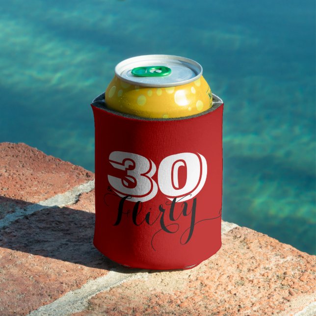 Modern Red White 30 & FLIRTY Birthday CHEERS Fun Can Cooler (In Situ Pool)