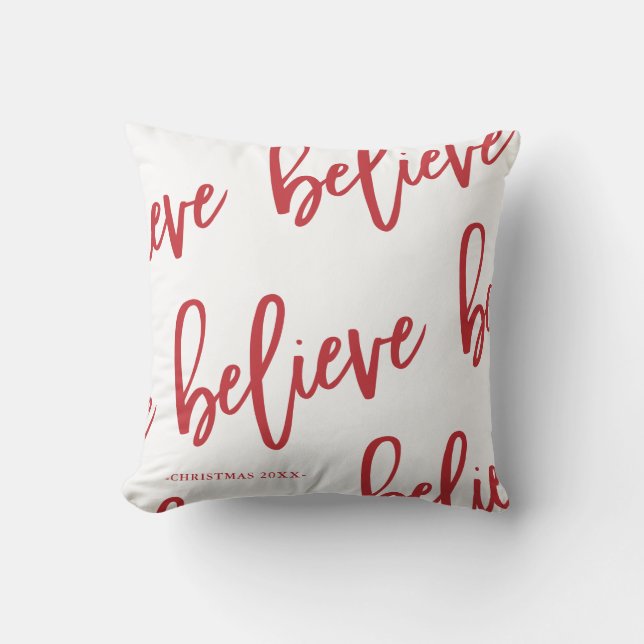 Modern Red White Believe Script Christmas Holiday Cushion (Front)