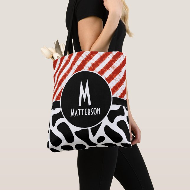 Modern Red White Black Pattern Monogram Custom Tote Bag (Close Up)