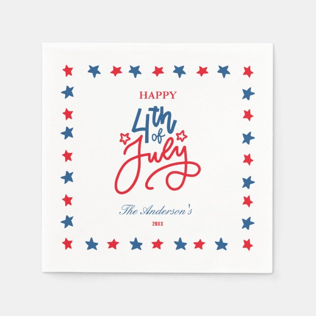 Modern Red, White & Blue 4Th July Dinner Party Napkin (Front)
