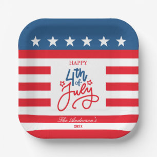 Modern Red, White & Blue 4Th July Flag Party Paper Plate