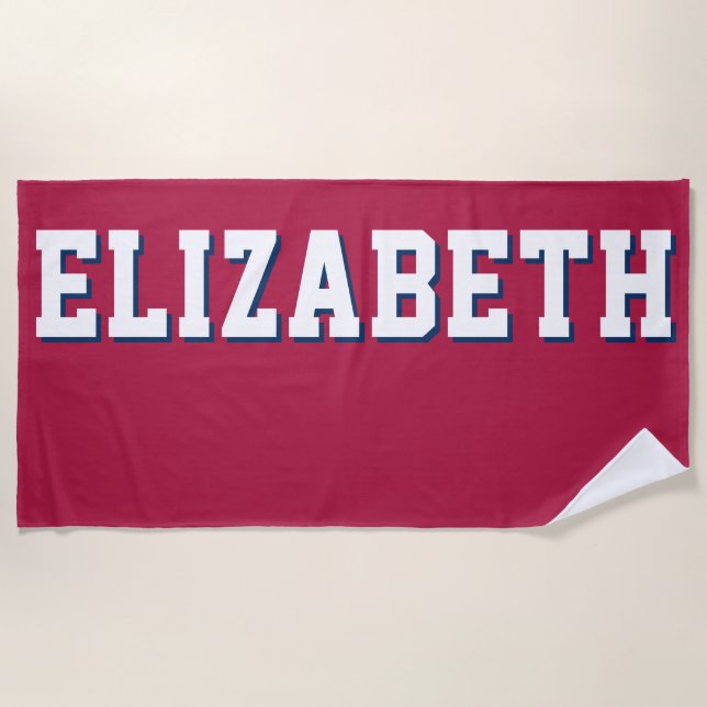 Modern Red White Blue Personalised Name Beach Towel (Front)