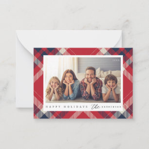Modern Red White Blue Plaid Christmas Family Photo Card