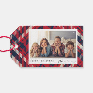 Modern Red White Blue Plaid Christmas Family Photo Gift Tags