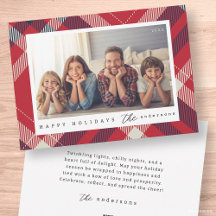 Modern Red White Blue Plaid Christmas Family Photo