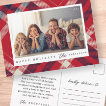 Modern Red White Blue Plaid Christmas Family Photo