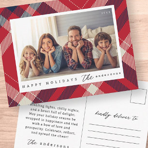 Modern Red White Blue Plaid Christmas Family Photo Postcard
