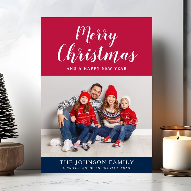 Modern Red White Blue Script Merry Christmas  Holiday Card (Festive Red White Blue Script Merry Christmas Holiday Card)