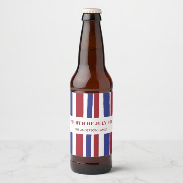 Modern Red White Blue Stripes 4th July BBQ Party Beer Bottle Label (Front)