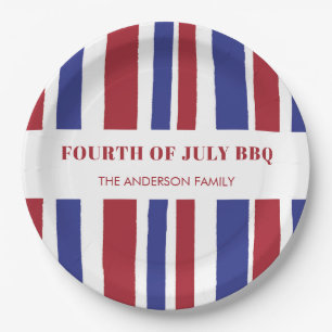 Modern Red White Blue Stripes 4th July BBQ Party Paper Plate