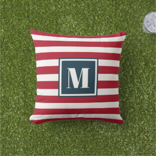 Modern Red White Blue Stripes 4th of July Monogram Cushion