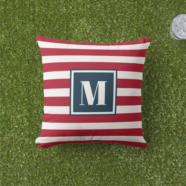 Modern Red White Blue Stripes 4th of July Monogram Cushion (Grass)