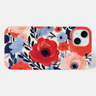 Modern Red White Blue Watercolor Floral iPhone 15 Mini Case