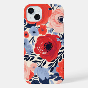 Modern Red White Blue Watercolor Floral iPhone 15 Plus Case