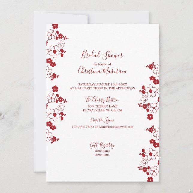 Modern Red & White Cherry Blossom Bridal Shower Invitation (Front)