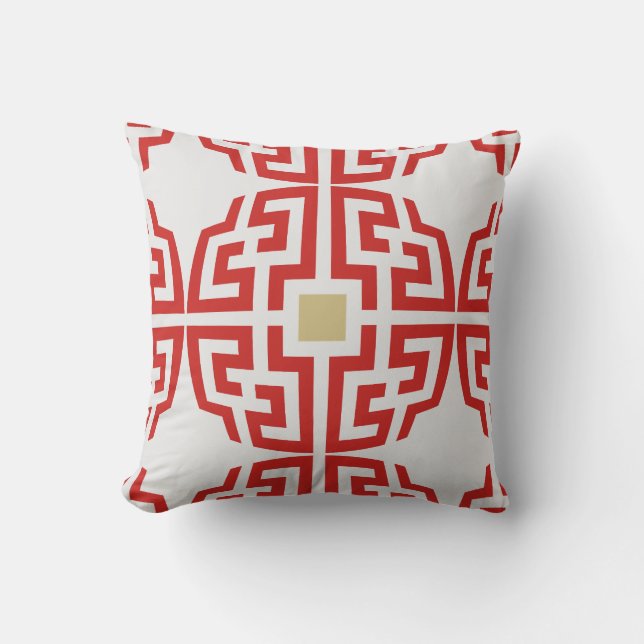 Modern red white chinoiserie chic geometric pillow (Front)
