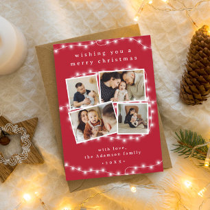 Modern Red White Christmas Lights 4 Photo Collage Holiday Card